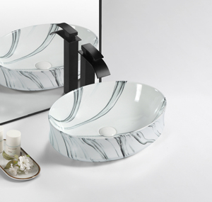 Lavabo da appoggio in ceramica bianca moderna con motivo a pietra blu iridescente, capacità 9L, garanzia 5 anni - Product Image 1