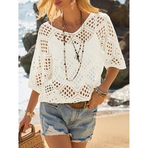 Haut cache-maillot en crochet personnalisé pour femme, pull ajouré d'été, style bohème, pour la plage, 100% coton - Product Image 2
