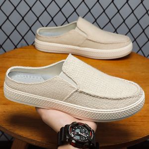 Retro-style casual half-slipper with plain-colored jute upper, breathable and comfortable men's <b>shoes</b> for summer. - Product Image 3