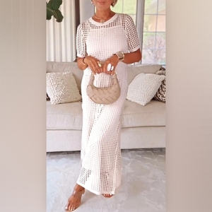 เดรสผู้หญิงคอกลมแขนสั้นลายฉลุพร้อมเดรสซับในแบบไร้สายแฟชั่นใหม่ - Product Image 2