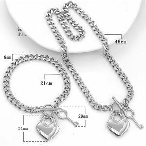 Cadena para Hombre, Tono Dorado, Doble Eslabón Cubano, <span class=keywords><strong>Rombo</strong></span>, Acero Inoxidable 316L, Collar y Pulsera con Colgante de Llave y Corazón - Product Image 3