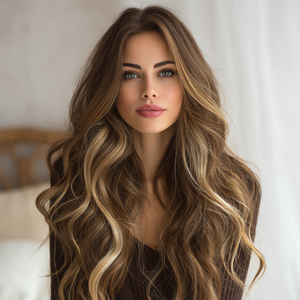 Parrucca Sintetica alla Moda Più Venduta del 2025 in Fibra Futura Castana con Mèches e Tintura Sfumata Parrucca Riccia da Donna SM1620 - Product Image 1