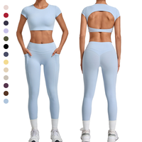 T-shirt ajusté à manches courtes pour femme, vêtements de sport, ensemble de pantalons de yoga avec logo personnalisé, pantalons de yoga à taille repliable
