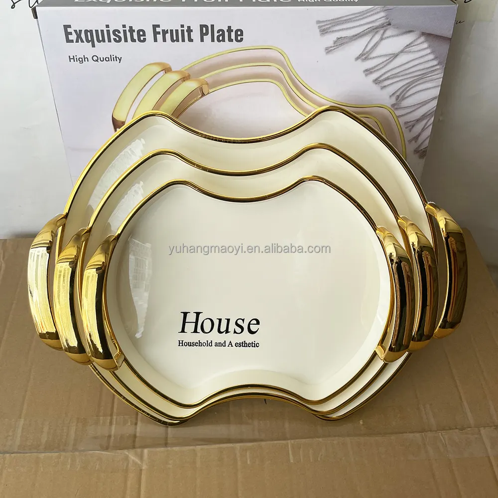 Vente chaude En Plastique Argenté Clair Or Assiette De Stockage Snack Fruits Thé Assiette Plat 3PCS Plateau Ensemble Avec Poignée Pour Le Restaurant De Fête