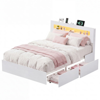 VASAGLE Lit double avec éclairage LED et multiprise, sommier à lattes en MDF et acier, style moderne, cadre de lit avec 2 tiroirs coulissants