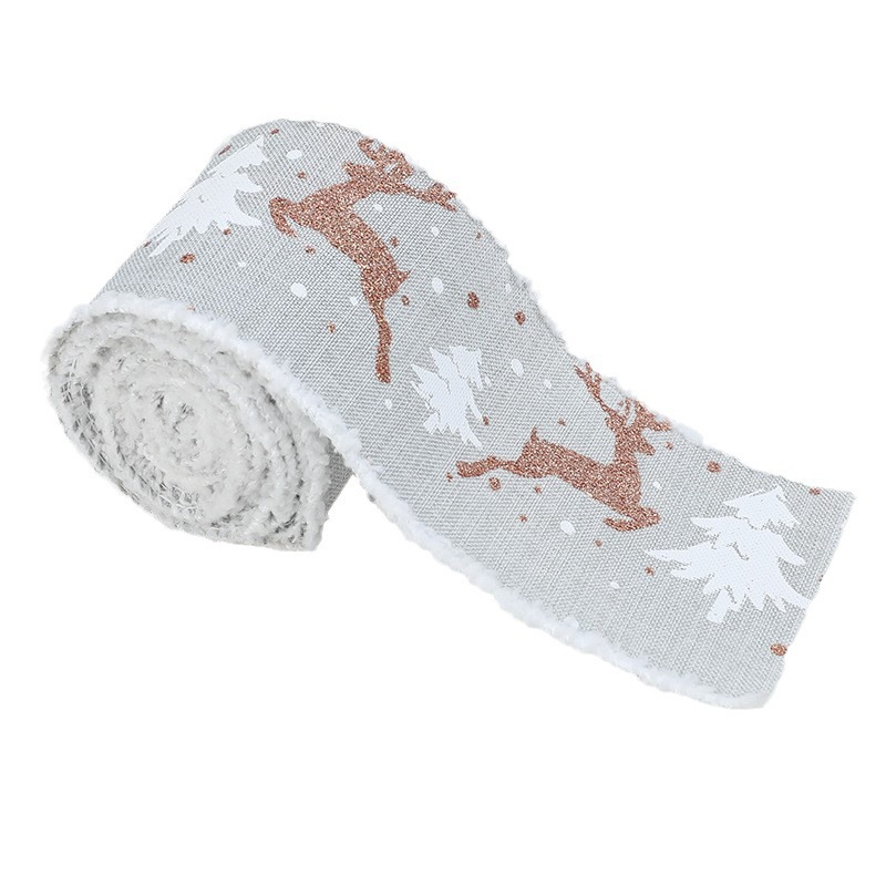 Christmas ribbon with white velvet edge, reindeer gift box packaging ribbon, gift box decorative ribbon