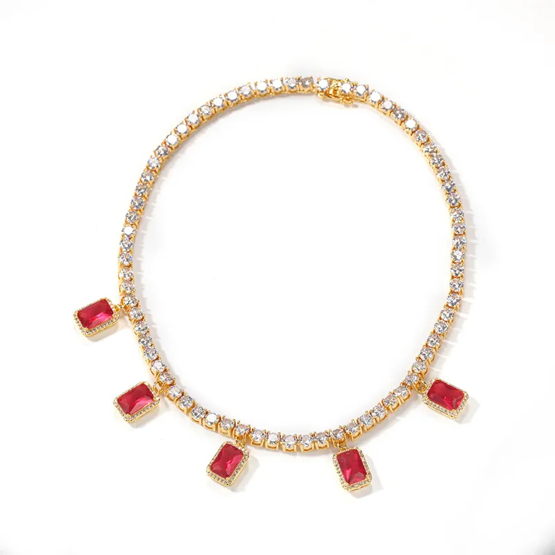 Nouveau design européen pour femmes, collier à chaîne de tennis bling avec rubis, émeraude et pierres précieuses, collier de décoration pour femmes