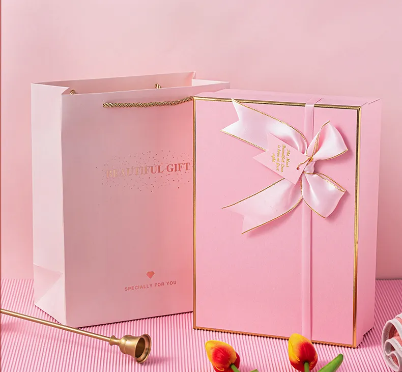 Luxury pink empty gift box with silk ribbon bow rectangle rigid box for package cosmetic watch and mark cups in stock