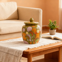 Pot de rangement en céramique bohème vert olive Qianrui, motif floral coloré, couvercle hermétique, fait à la main, grande capacité 4-5L pour la maison