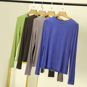 T-Shirt da <span class=keywords><strong>Donna</strong></span> Autunnale in Modal Stile Ampio, <span class=keywords><strong>Maglietta</strong></span> Basica a Tinta Unita, Top Femminile a Maniche Lunghe con Scollo a O, 16 Colori, Top Aderente - Product Image 2