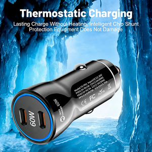 Cargador Rápido <span class=keywords><strong>para</strong></span> Auto de 60W, PD USB-C, Doble Puerto Tipo C, Encendedor de Cigarrillos, Cargador <span class=keywords><strong>para</strong></span> Teléfono Móvil, 12V-30V, Certificado FCC, CE, Rosh, Universal - Product Image 5