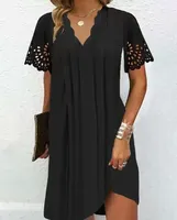 Robe ample à taille haute, manches courtes, col en V, en polyester uni, style bureau pour femme