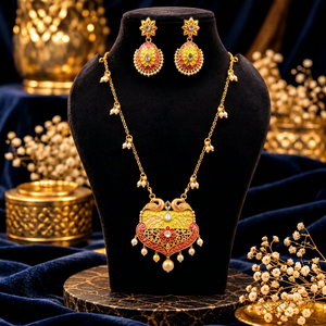Parure de bijoux en laiton plaqué or et émail, collier et boucles d'oreilles, pendentif floral perlé pour soirée - Product Image 1