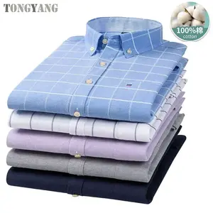 TONGYANG Oxford Men Fashion 100% Cotton Thin Long Sleeve Casual Slim Solid Color Plaid Print Stripe Formal Dress Shirt Plus size