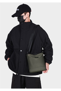 Men's <b>Black</b> Messenger <b>Bag</b> Nylon Material Waterproof Zipper Closure Embossed Logo All Seasons Daily Use <b>Small</b> Size - Product Image 5