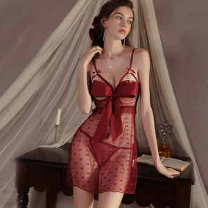 Lingerie sexy en dentelle Jacquard floral maille creuse à lacets nœud nœud poitrine chemise de nuit 5082 - Product Image 1