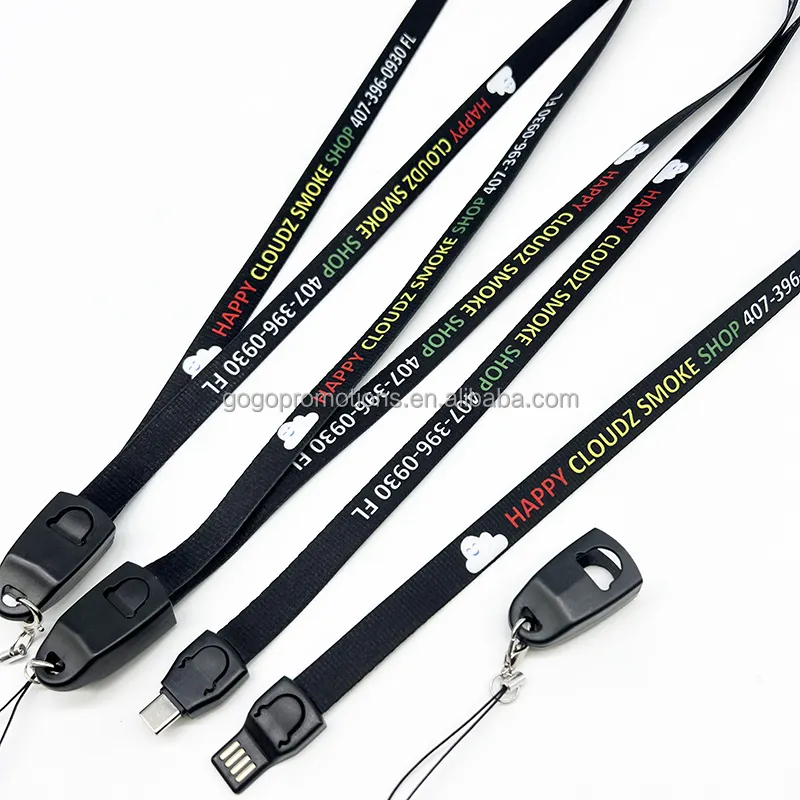 Grosir Logo kustom cetak leher promosi murah Polyester pengisian USB Lanyard dengan kabel Data