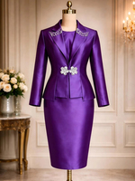 Costume pour femmes AST060530, tenue de bureau, robe élégante en satin, blazer perlé et robe intérieure, ensemble 2 pièces, costume de travail formel pour femmes
