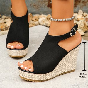 Sandalias de tacón alto para <span class=keywords><strong>mujer</strong></span> de talla grande, con plataforma gruesa, punta abierta, correa de esparto y hebilla - Product Image 3