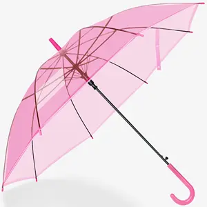 透明雨伞透明聚氯乙烯长柄糖果色，8骨防雨遮阳伞/
