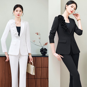 Women's Suit Set Solid Color Polyester Fiber 100% Worsted Spring Work Casual Elegant Slim Fit Two Piece Jacket Trousers - Product Image 1