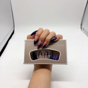 Faux ongles français ABS nude violet foncé, ongles à presser en amande avec motifs linéaires, réutilisables, 24 pièces - Product Image 3