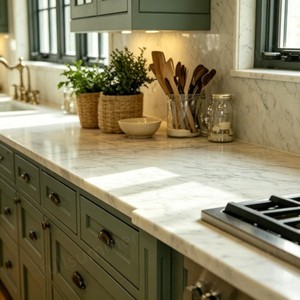 Armoires de cuisine en bois massif peintes en vert sauge, style ferme rustique, avec design de <span class=keywords><strong>plafond</strong></span> en bois naturel - Product Image 3