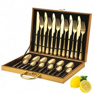 Hot Selling 2024 Stainless Steel Gold Cutlery 24 Piece Wedding Party Flatware Set 4pcs Silverware with Wooden Box - Product Image 2
