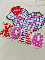 Patch en chenille XOXO en forme de cœur, thermocollant pour la Saint-Valentin avec bordure dorée scintillante