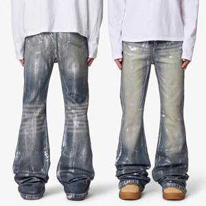 Jean décontracté YUCE coupe évasée, super empilé, effet patte d'éléphant, délavage argenté, en denim, style streetwear pour homme - Product Image 3