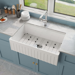 Évier <span class=keywords><strong>de</strong></span> cuisine en céramique blanc <span class=keywords><strong>de</strong></span> 33 pouces, à face frontale, à cuve unique, en argile réfractaire cannelée, style ferme, fait main - Product Image 5