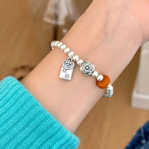 Bracelet Persimmon porte-bonheur en ambre naturel, argent sterling 999, style chinois, cadeau porte-bonheur, bijoux unisexes - Product Image 1