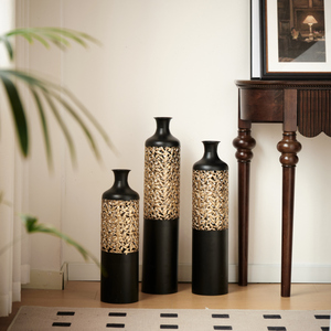 Handcrafted Metal Floor <b>Vase</b> Set Black Gold Cutout Design Tall <b>Vases</b> 20.8 24.8 28.7 Inches Living Room Entryway Decor - Product Image 1