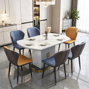 Ensemble de table à manger ovale moderne avec plateau en marbre blanc, 6 places, avec chaises en PU bleues et jaunes, meubles pour la maison - Product Image 4