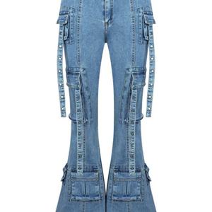 Prix bas OOTD Nouvelle mode Confortable Multi-poches Pantalon en coton très élastique pour femme Jean évasé bleu délavé - Product Image 3