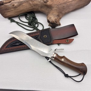 Couteau tactique de chasse à lame fixe pleine soie personnalisable avec trous pour corde de suspension et étui en cuir. Support OEM disponible - Product Image 1