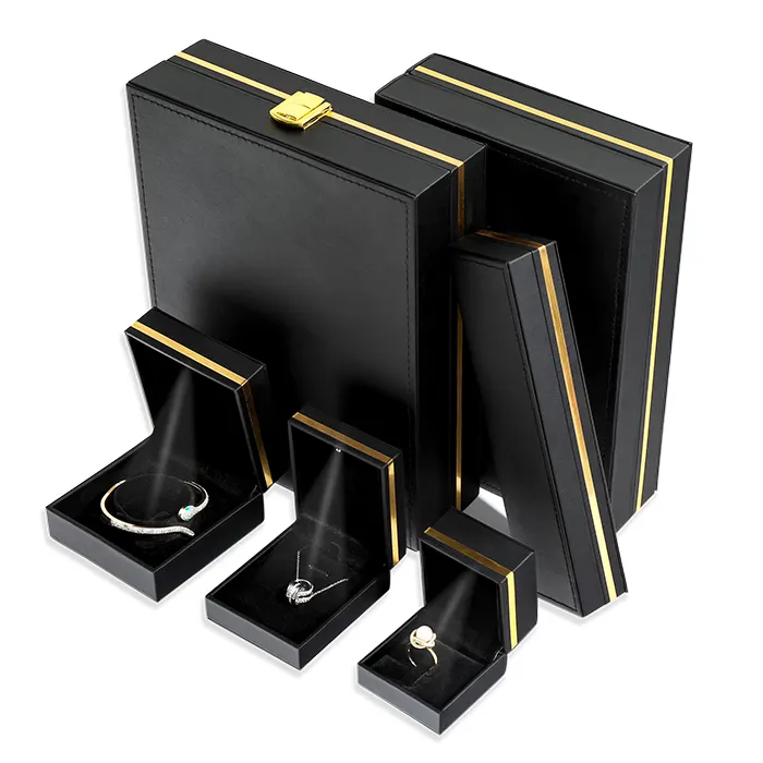Boîte à bijoux LED logo noir estampage or paquet de collier LED de luxe boîtes à bagues personnalisées boîte à bijoux avec miroir