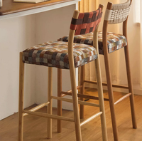 Tabouret de bar haut en bois massif de style vintage avec dossier et pédale sans accoudoirs pour café, maison, îlot de cuisine