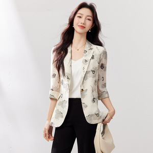 Women's Printed Three Quarter Sleeve Lightweight Blazer Slim Fit Breathable Summer Suit Top - Product Image 4