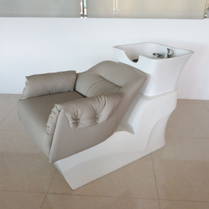 HICOMED <span class=keywords><strong>Fauteuil</strong></span> de lavage électronique pour salon de coiffure en cuir gris et coque blanche, lit de massage pour shampoing avec repose-pieds - Product Image 2