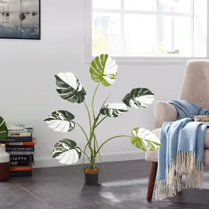 120 cm künstliche Pflanzen Monstera Pflanze mit weißen und grünen Blättern tropischer Seidenbaum mit Topf für Indoor Büro Haus Wohnen Ro