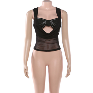 Сексуальные модные комплекты: топ-майка с декором из страз + сетчатый прозрачный жилет для женщин - Product Image 3