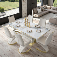 Ensemble de table à manger moderne de luxe 6 places en marbre, siège en pierre frittée, verre et métal pour la maison, l'hôtel, la cuisine, le restaurant, meubles