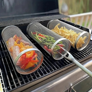 Cesta de <span class=keywords><strong>barbacoa</strong></span> rodante de acero inoxidable con mango de madera para exteriores, accesorios de camping, <span class=keywords><strong>herramientas</strong></span> para parrilla de barril - Product Image 4
