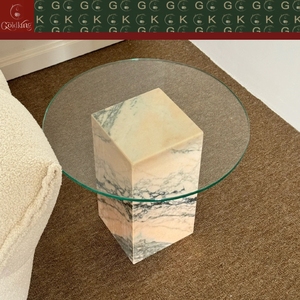 Mesa Auxiliar para Sala de Estar o Dormitorio GOLDKING, Base de Mármol Rosa Gris, Tapa Redonda de Vidrio, OEM ODM, Directo de Fábrica - Product Image 5