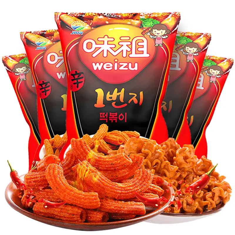 韓国から輸入された9日間の甘いスパイシーケーキストリップ100g卸売キムチフライドチキンスパイシーズライスケーキストリップ