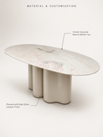 Table à manger sculpturale à base ondulée avec plateau en marbre turc et laque haute brillance |   Meubles de luxe sur mesure tout-en-un