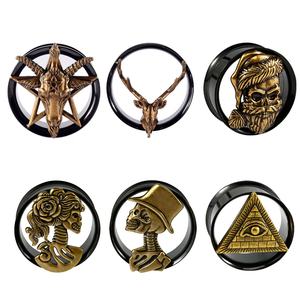 Punk acier inoxydable crâne et cuivre bouchons d'oreille tête <span class=keywords><strong>de</strong></span> mouton jauges d'oreille chapeau canaux bouchons Tunnel extenseur civières Piercing bijoux - Product Image 1