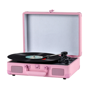 Tourne-disque portable vintage 3 vitesses en forme de valise <span class=keywords><strong>rose</strong></span> avec sortie RCA, entrée AUX et haut-parleurs stéréo intégrés - Product Image 1