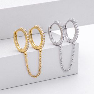 Pendientes de Plata 925 para Mujer, con Cadena de Circonitas Cúbicas Brillantes, Tipo Huggie, Chapados en Oro de 18K, Hipoalergénicos - Product Image 3